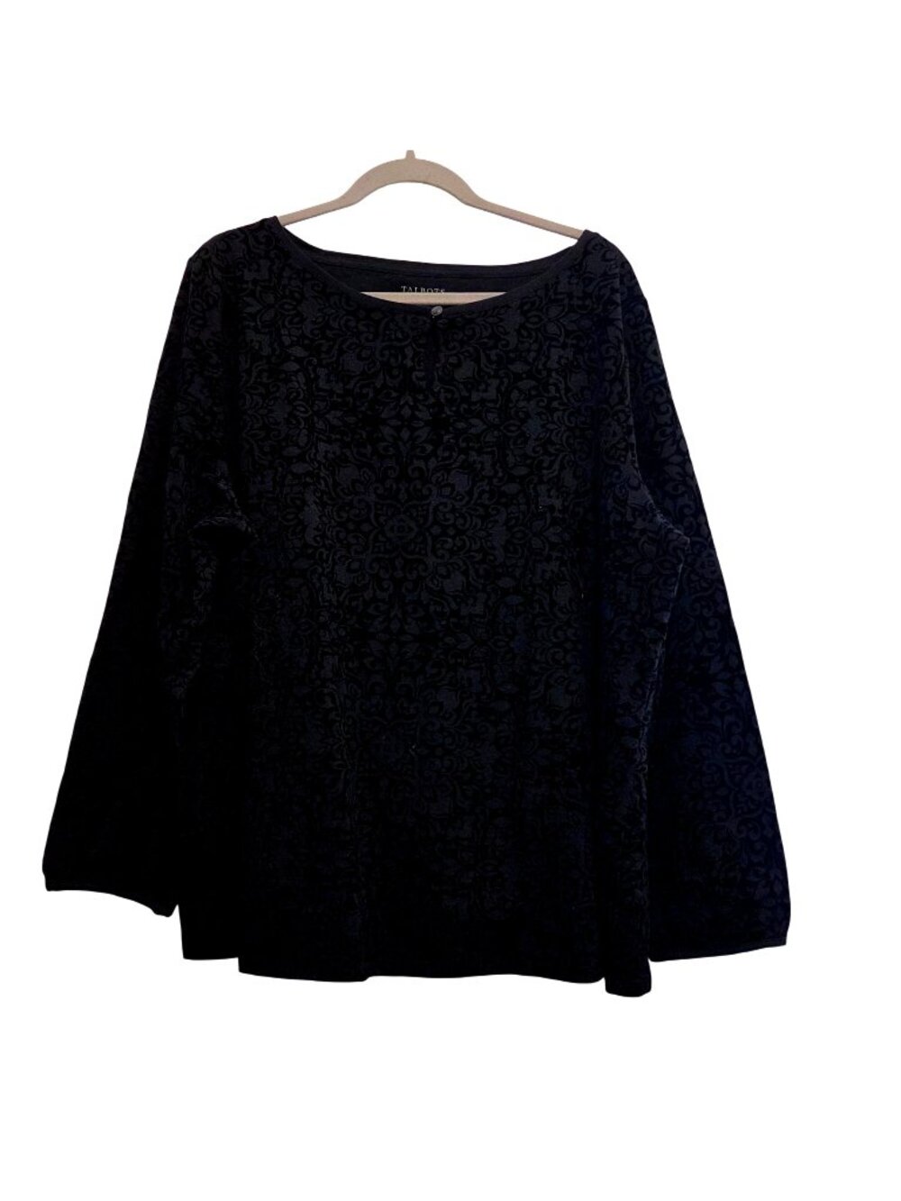 Talbots Women Black Floral Velvet Keyhole Neck Top Womens 3X